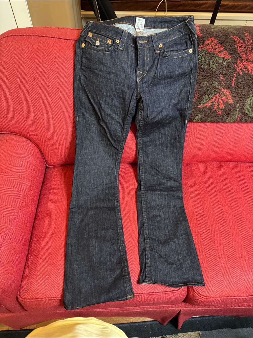 True Religion Indigo Flare Jeans with Contrast Stitching, Hi-Rise, Boot Cut